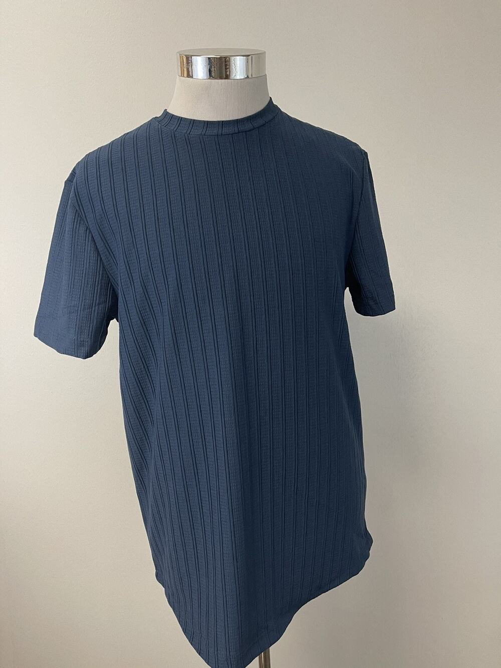 River Island Shirt Mens XS Tee Blue Striped Terry Knit Short Sleeve N80